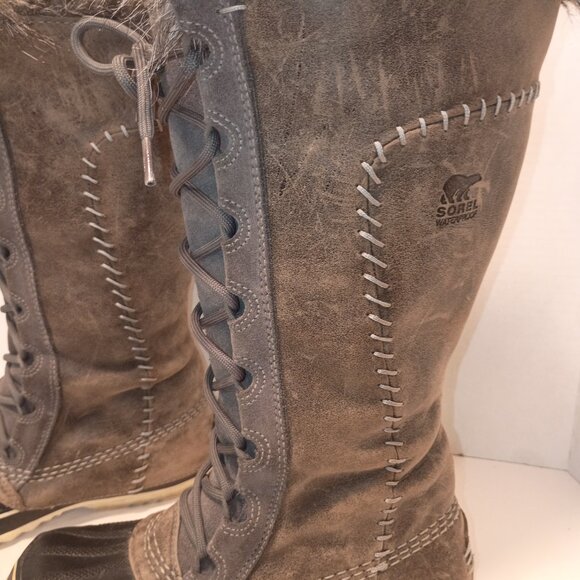 SOREL Cate Women's Sz 5US/36EU Gray Tall Fur Lined Snow Boot Lace-Up - Picture 3 of 13